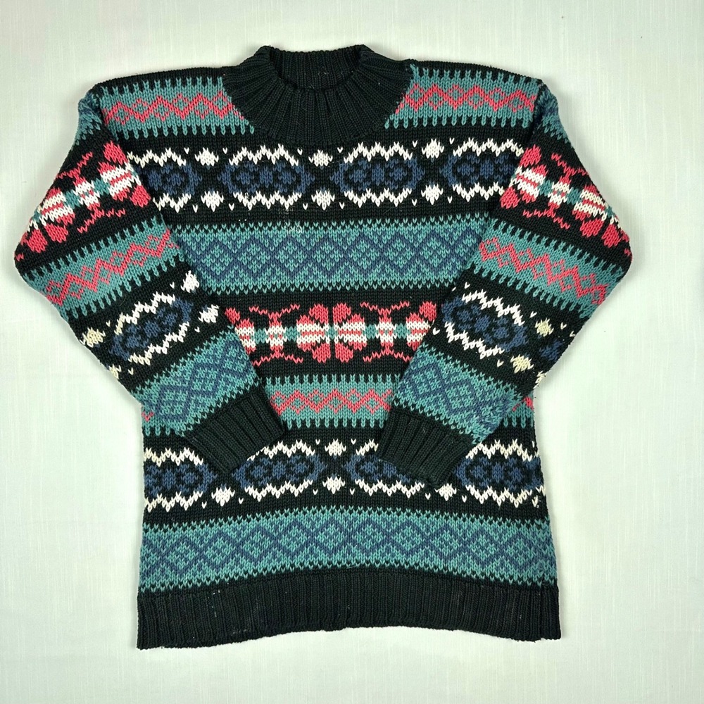 Woods & Gray Vintage Fair Isle Ramie Cotton Knit Sweater Black Teal Pink Medium